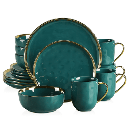 ComfyCreations 16-Piece Green Porcelain Dinnerware with Gold Trim – Elegant Plates, Bowls, and Cups