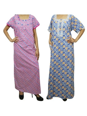Mogul 2 pc Women's Pink Blue Night Wear Caftan Maxi Dress Front Button Bohemian Printed Nightgown L