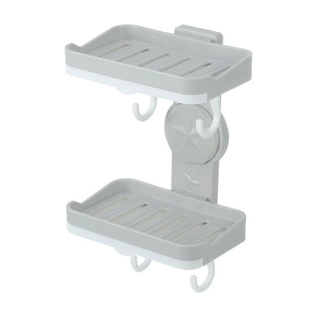 jabonera, jabonera montada en la pared, jabonera, jabonera para baño, cocina, gris Bandeja doble de plástico gris con ranuras ventiladas montada en soporte adhesivo vertical; dos niveles para barras de jabón o esponjas, ganchos inferiores y laterales visibles, apta para ducha, lavabo o cocina; también suele usarse para organizar accesorios pequeños.