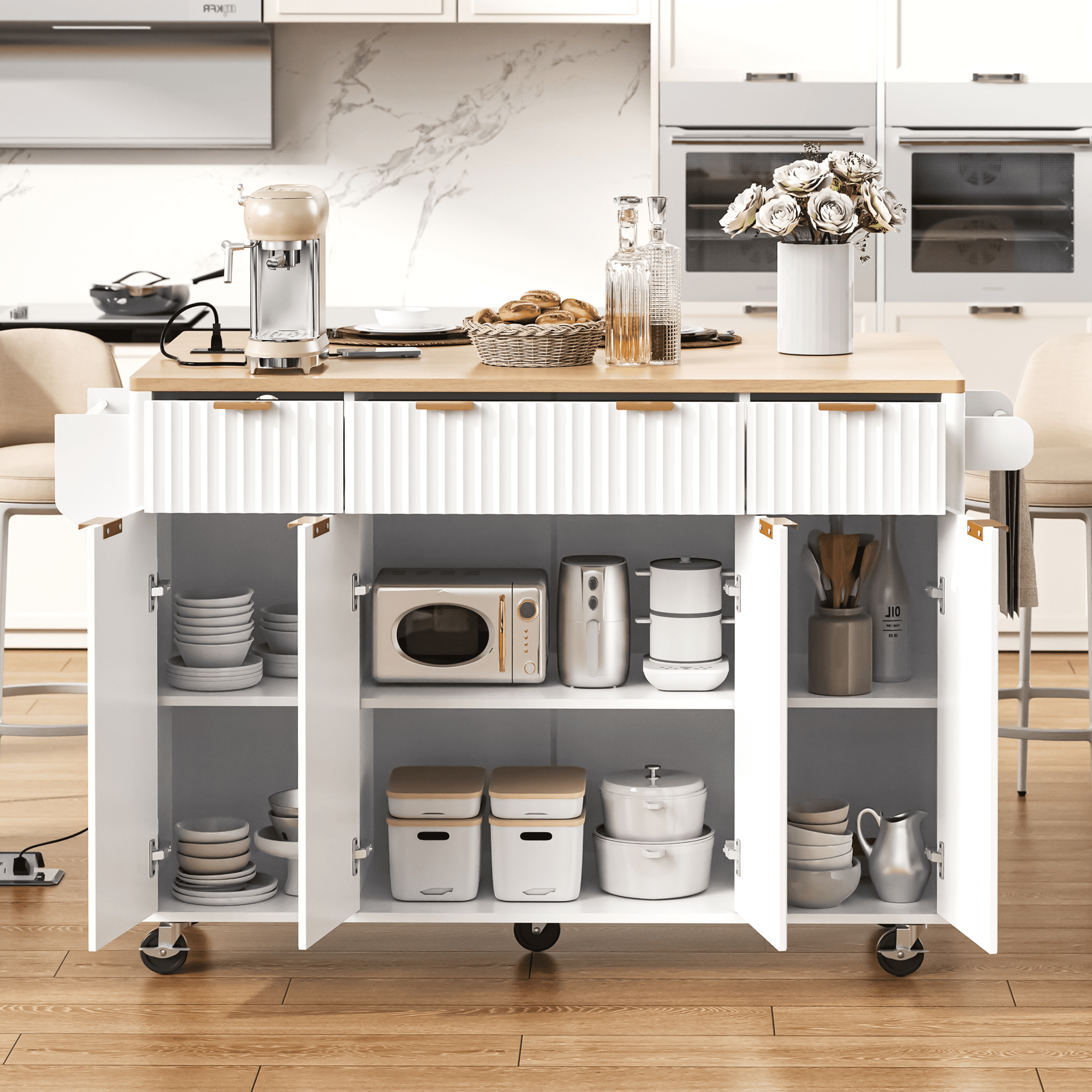 Fluted Kitchen Storage Island with Drop Leaf, Power Outlet, 55.5" Rolling Kitchen Cart with 4 Doors and 3 Drawers