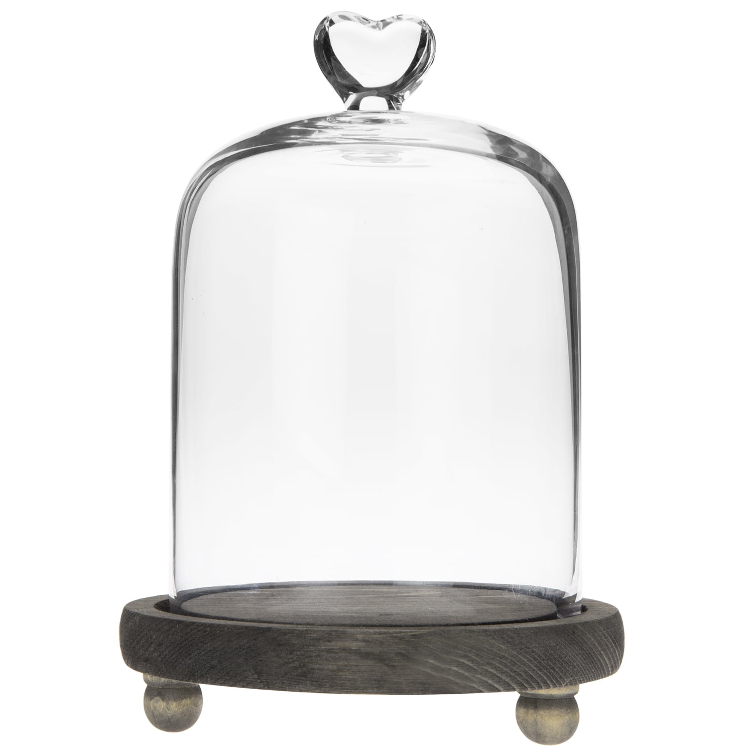MyGift Clear Glass Cloche Dome Jar Display Centerpiece with Heart Handle & Gray Wood Base 