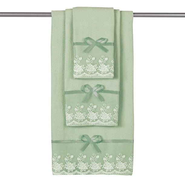 Lace Trim Decorative Display Towel Set With Ribbon Bows 3 Piece Set With Bath Towel Hand Towel Washcloth Walmart Com Walmart Com
