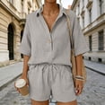 thumbnail image 6 of Women's Cotton Linen Solid Two Piece Outfit Casual Stylish Short Sleeve Shirt With Elastic Waist Shorts Breathable Lightweight Comfortable Summer Daily Wear Light Gray XXL, 6 of 7