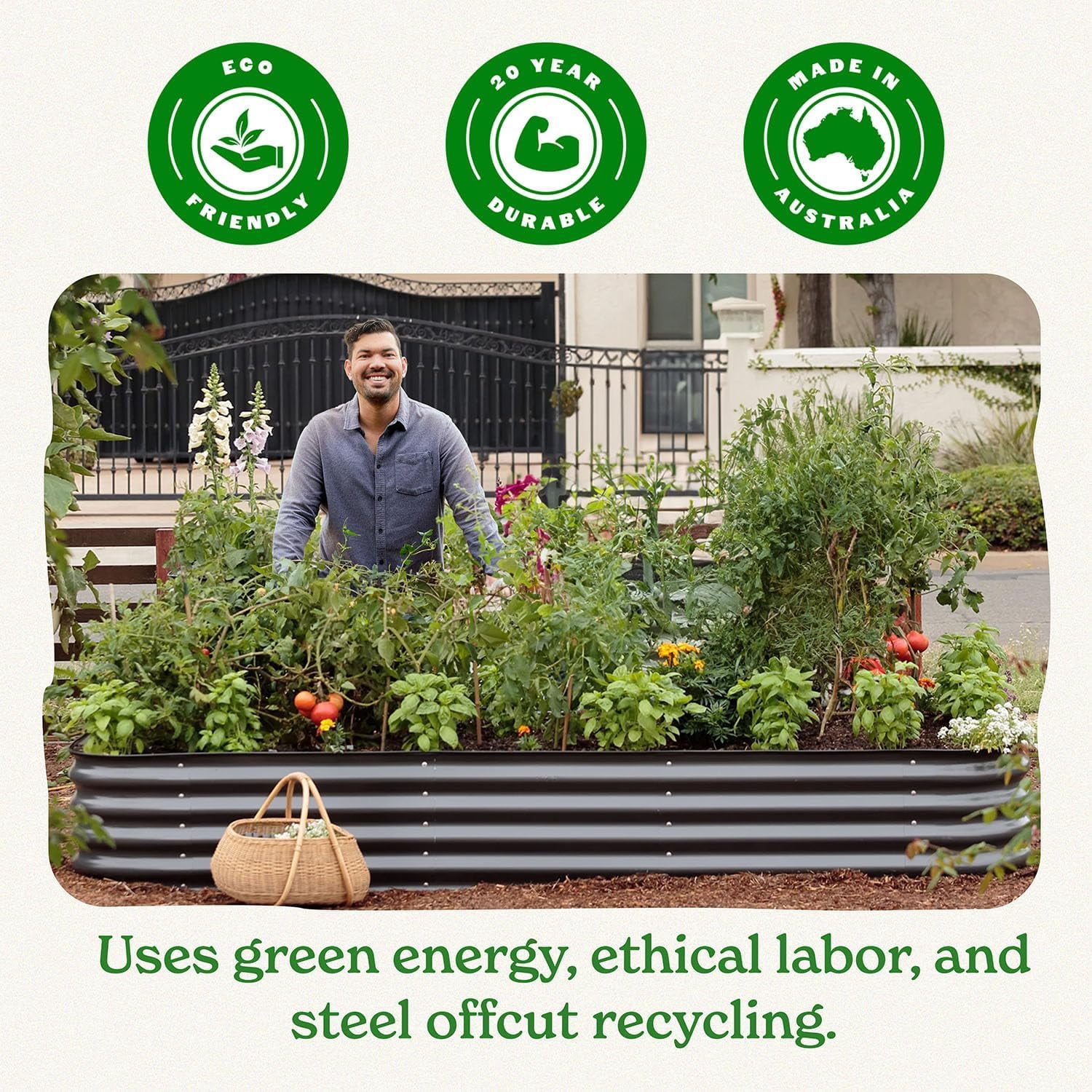 Epic Gardening Round Galvanized Raised Garden Bed Kit, 15" Tall Food-Safe Metal Planter, Mist Green, Outdoor Use
