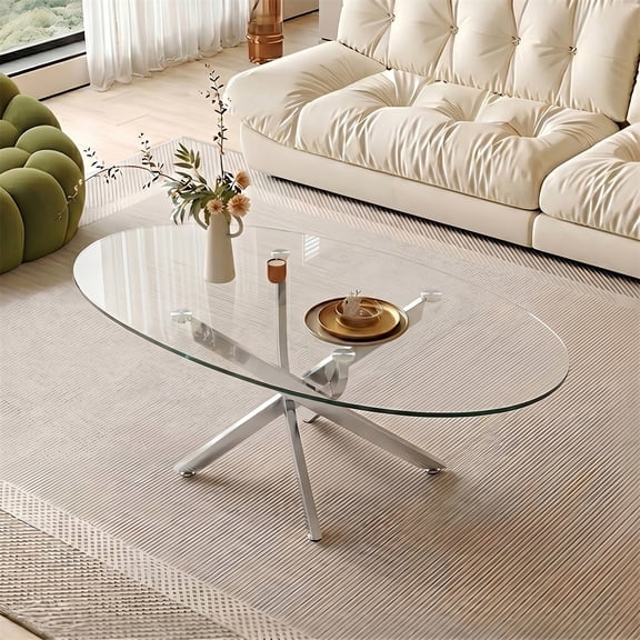 Hommoo Modern Oval Glass Coffee Table, 39.4" Tempered Glass Top with Antique Cross Legs, Living Room Side Table for Small Spaces, Sliver