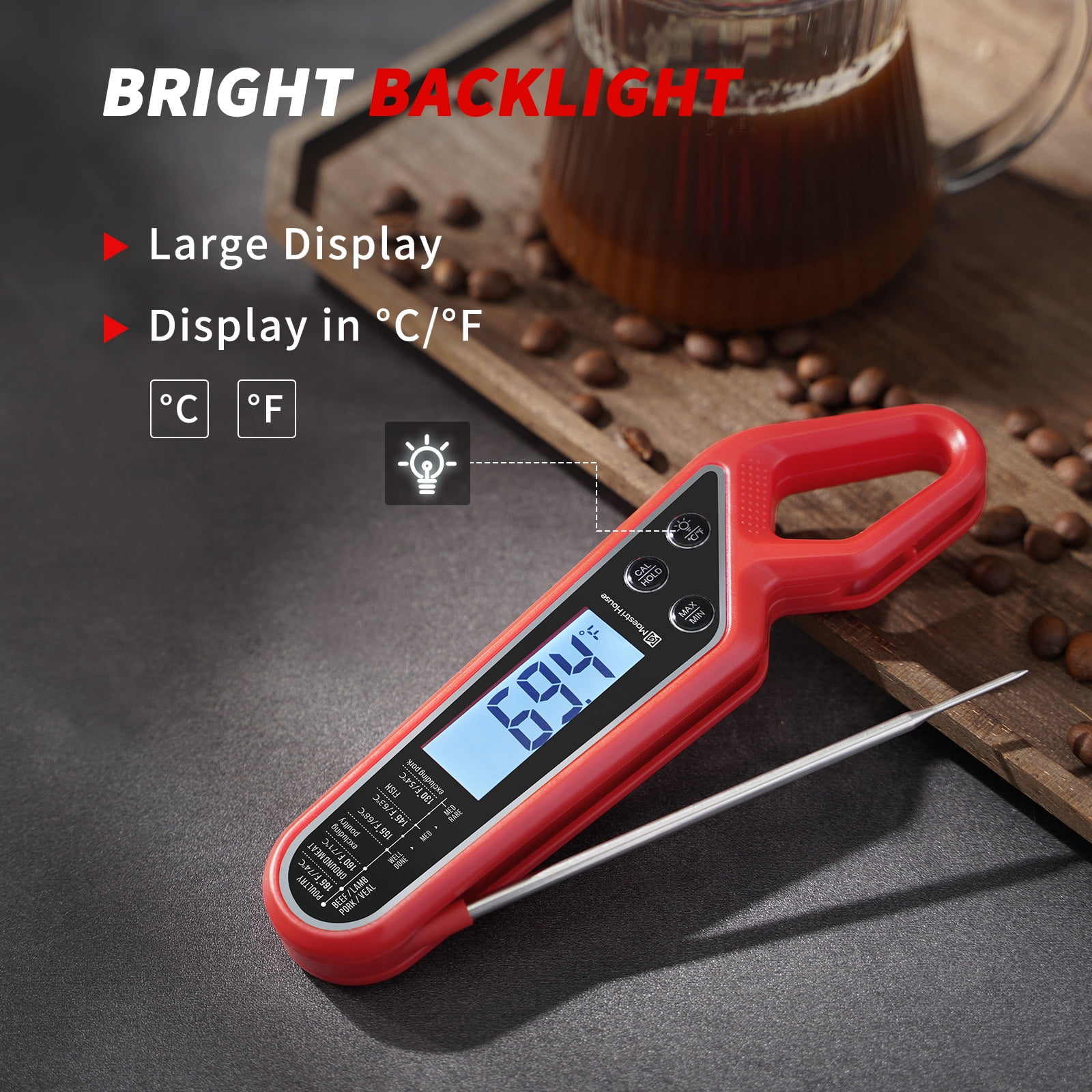 Fosmon Instant Read Digital Cooking Food Thermometer with Stainless Steel Probe and LCD Screen for Kitchen, Meat, Grill 51022
