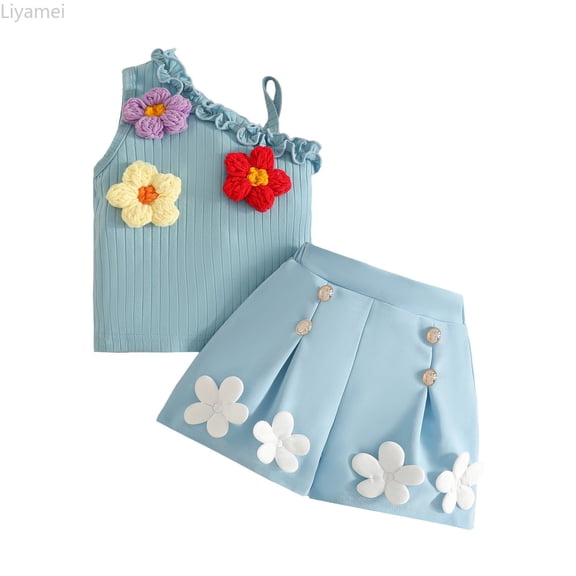 Liyamei Summer Toddler Girls Sleeveless Vest T Shirt Tops Floral Skirt Shorts Outfits Girls Casual Sets Size Blue 9-12 Months