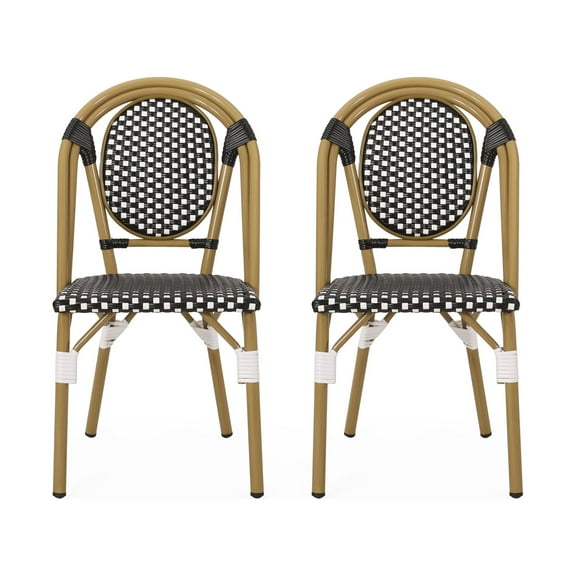GDF Studio Kazaria Outdoor French Wicker Bistro Chairs, Set of 2, Black, White, and Bamboo Finish