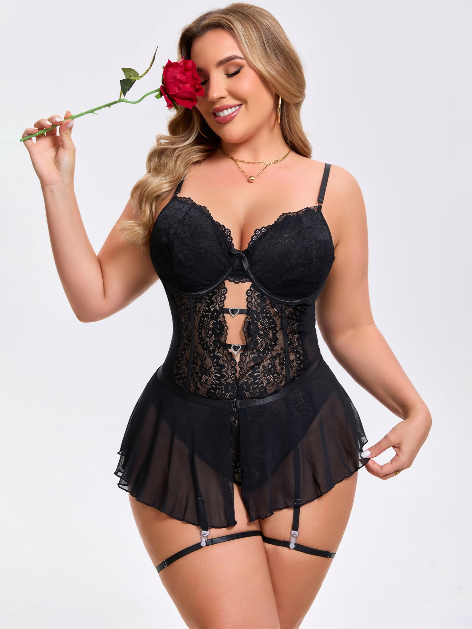 DARING DIVA Women's Cut Out Skirt Bodysuit Underwired Lingerie Set 2XL Black