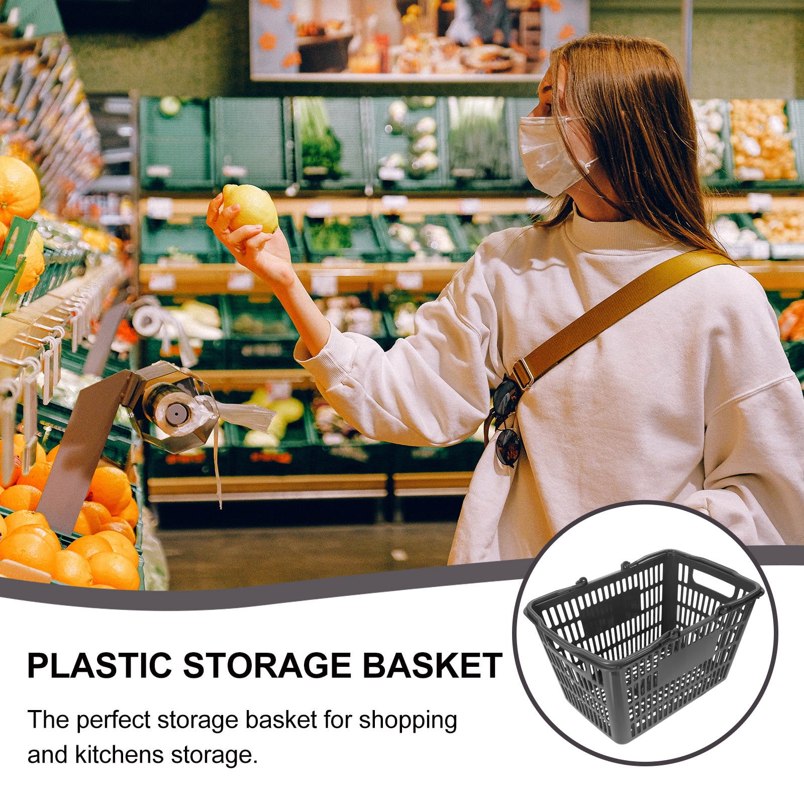 AURARMLET Black Plastic Shopping Basket Portable Handles for Home Storage 1Pc