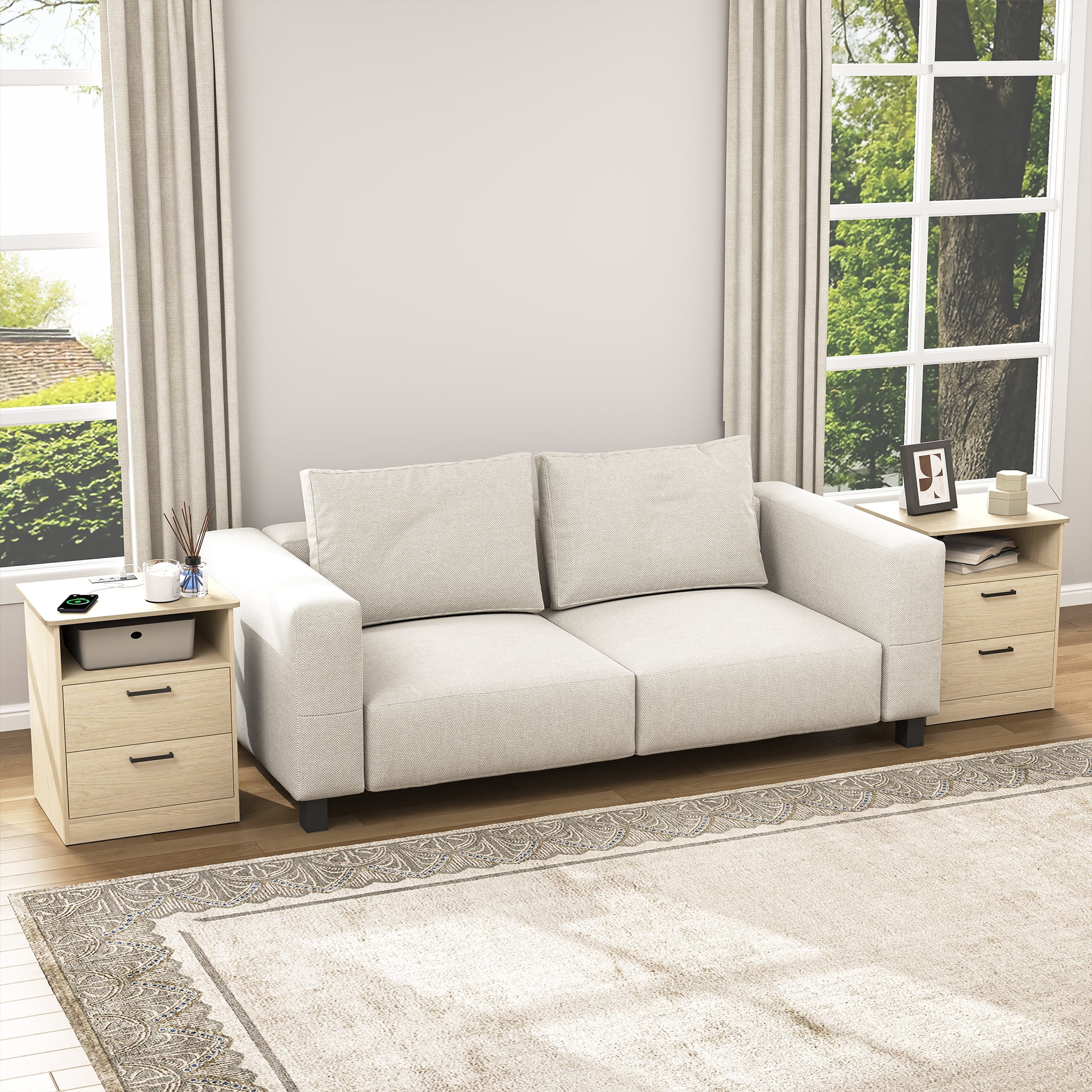 Demi Bonn 18" Side Table with Fast Charging Station USB C Cable Fast Charging, End Table Nightstand with Drawer and Shelf for Bedroom, Living Room, Beige