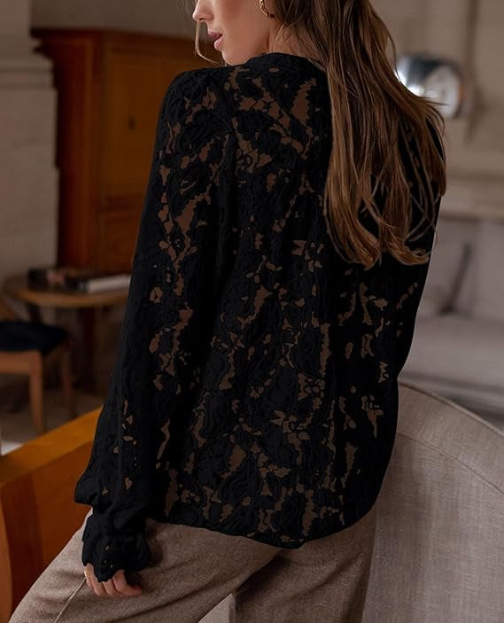 PRETTYGARDEN Women's Dressy Casual Lace Blouse Long Sleeve Button Up Shirts Tops Spring Fall Fashion Clothes