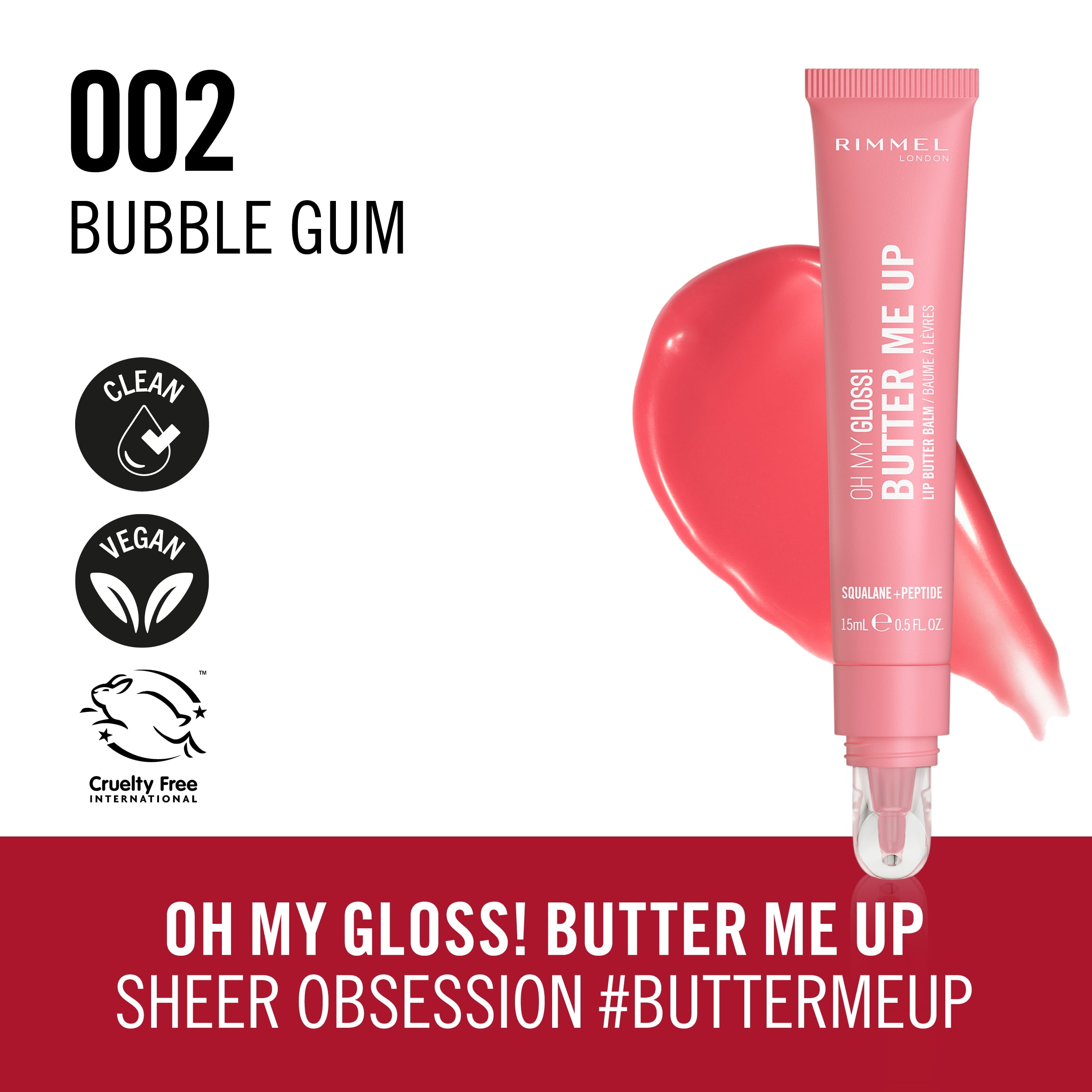 RIMMEL Oh My Gloss! Butter Me Up, 002 Bubble Gum, 0.5 fl oz