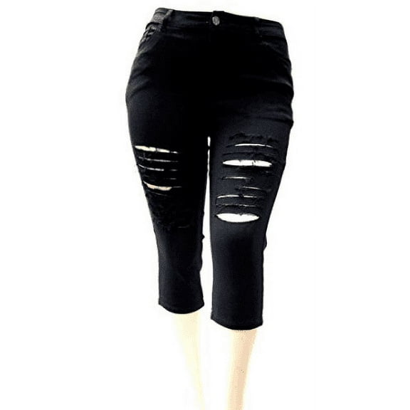 Jack David Women's Plus size Black capri bermuda distressed ripped denim jeans