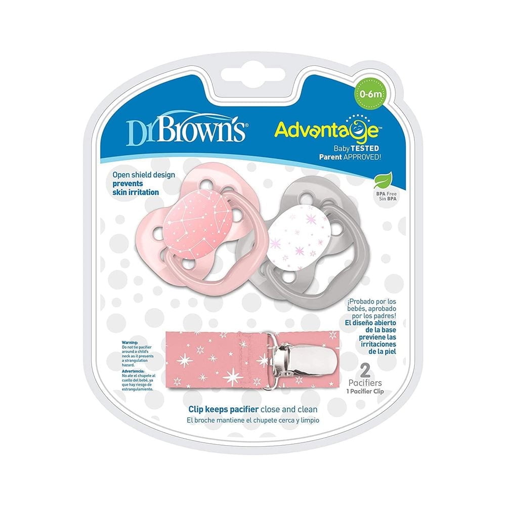Dr. Brown's Advantage Pacifiers With Clip, Stage 1 (06 months) Pink, 2 units