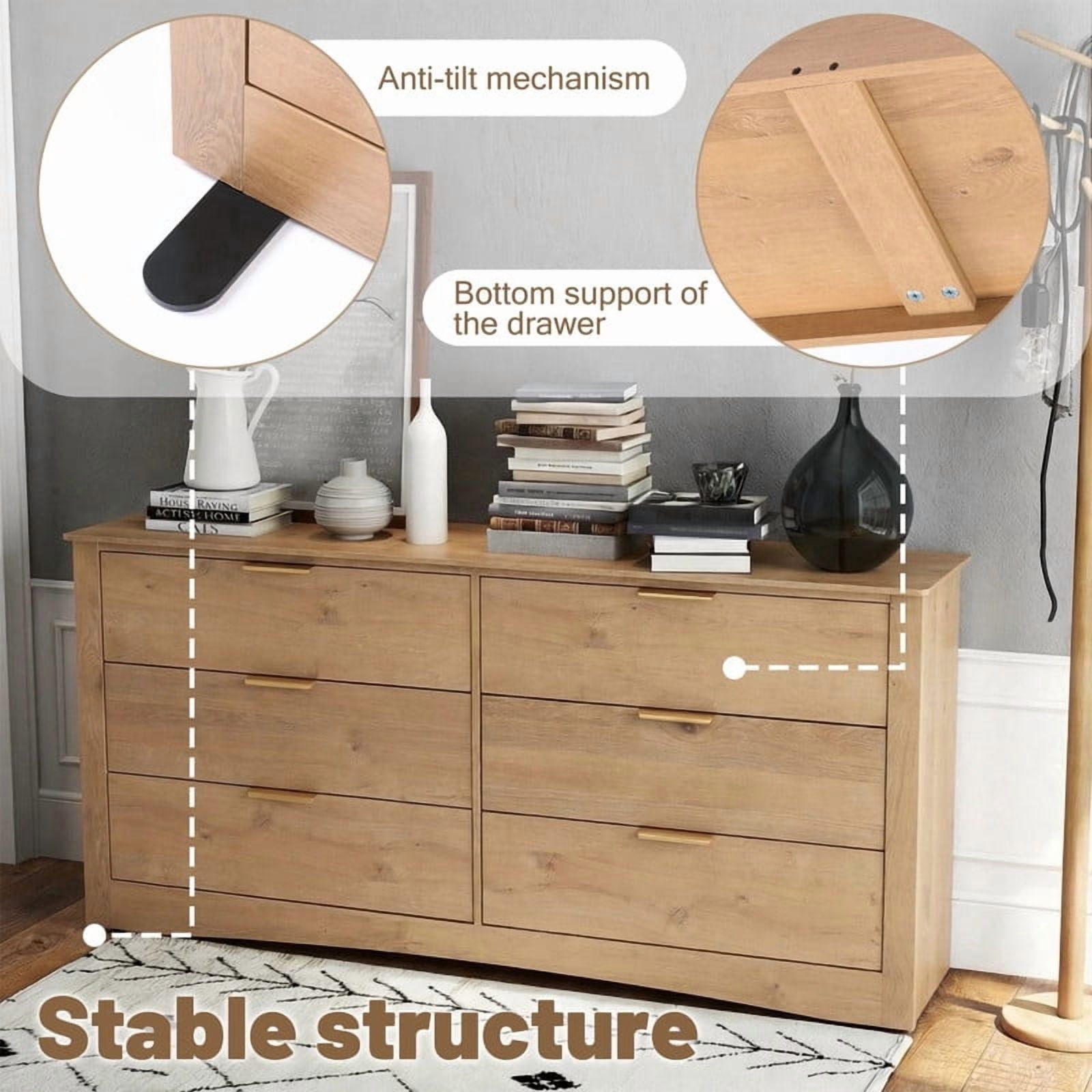 Kelno Wood 6 Drawer Dresser Chest of Drawers TV Stand with Organizer Cabinet, Oak