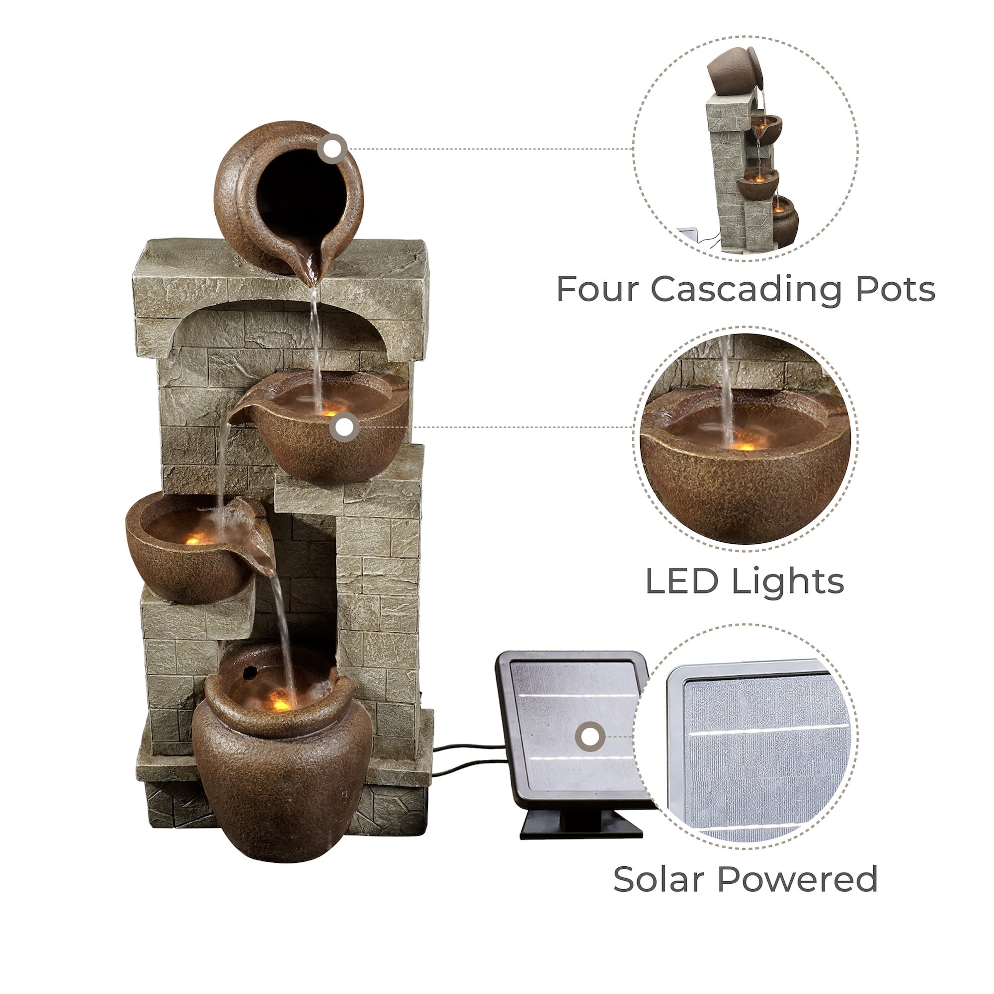 Teamson Home 4-Tier Outdoor Water Fountain with Cascading Bowls, Stacked Stone & Solar LED Lights