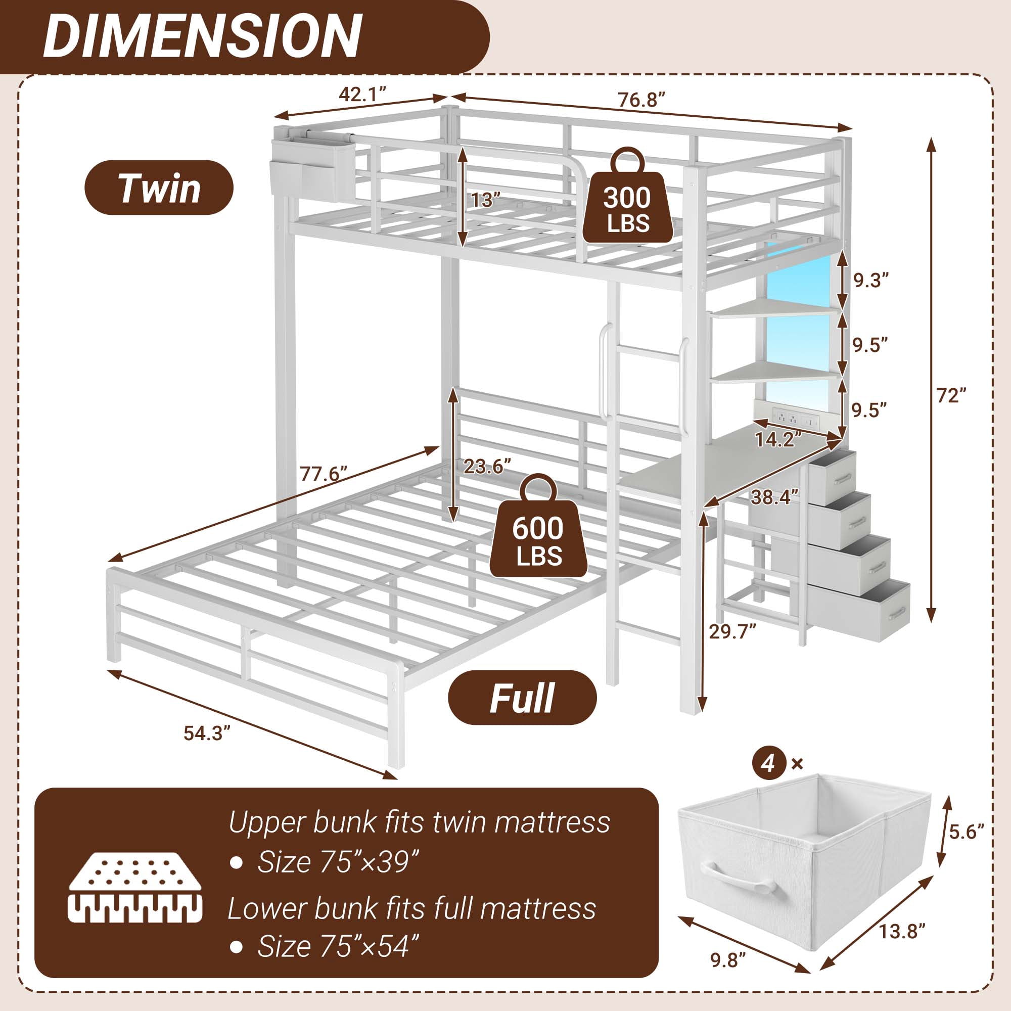 Miniyam Twin over Full Metal Bunk Bed with Desk and Storage, White