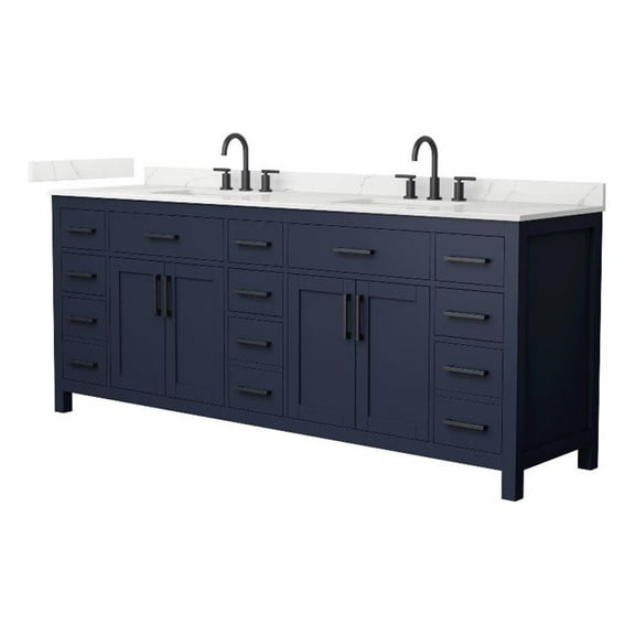 Beckett 84" Dark Blue Double Vanity & Giotto Quartz Top (3-Hole) & Black Trim