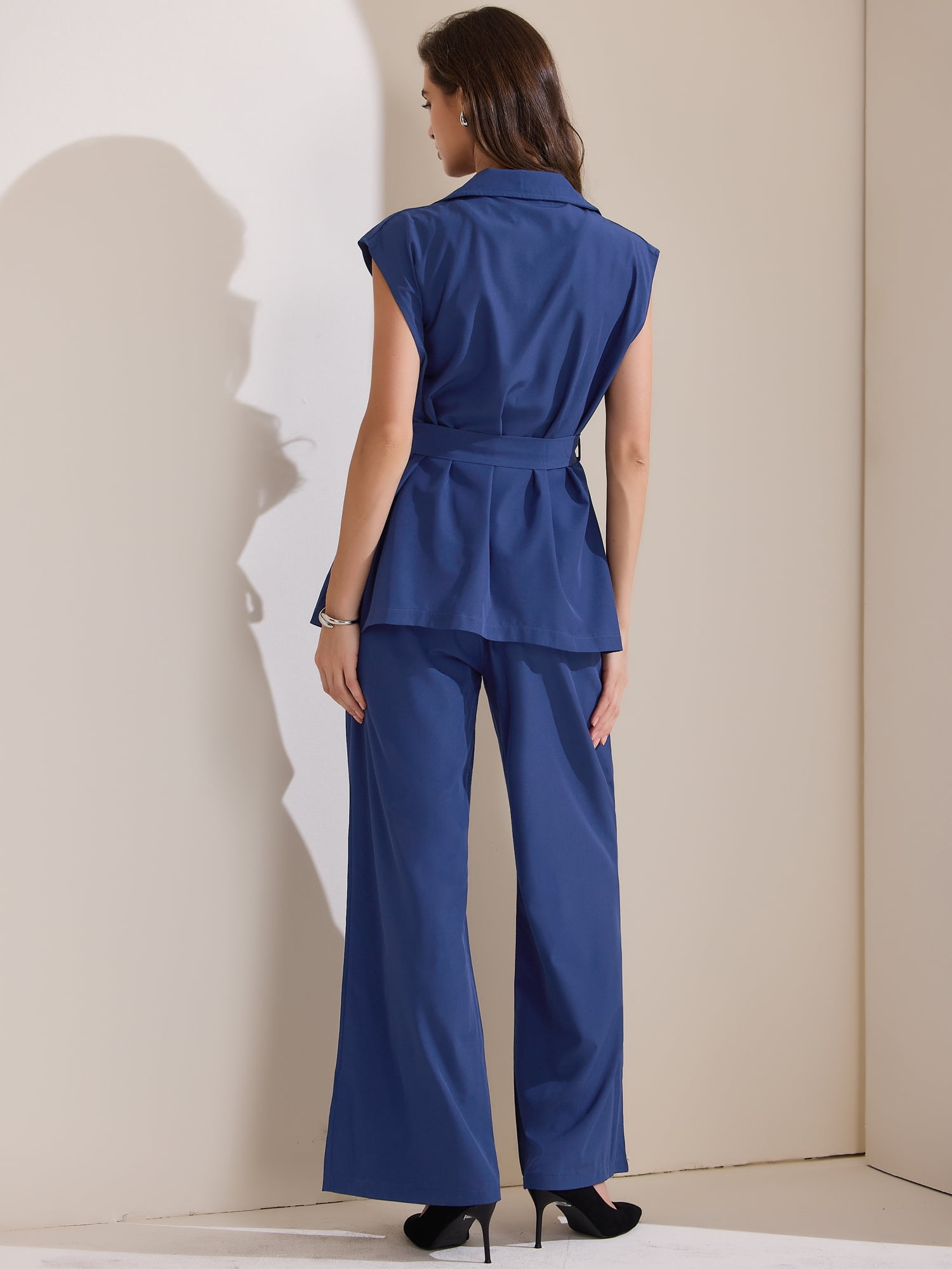DARING DIVA Women's 2 Pcs Sleeveless Vest Wide Leg Pants S Navy Blue