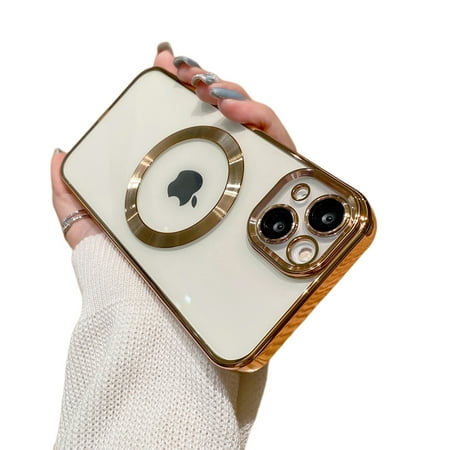 Magnetic Clear Plating Magsafe Case Compatible with iPhone 14 Pro Max 6.7 inch,Ultra Slim TPU Magnetic Clear Case with Shockproof Len Protection iphone 14 Pro Max,Gold