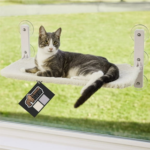 GORILLA GRIP Cat Window Perch, Foldable Indoor Hammock Bed with Washable Cover, Holds 30lbs, Beige