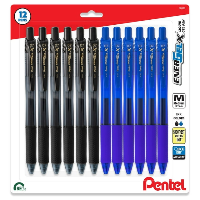 Pentel Energel X Bolígrafo Retráctil De Gel Líquido De 0,7 Mm, Ultra Rendimiento, Paquete De 12, 6 Bolígrafos De Tinta Negra Y 6 Bolígrafos De Tinta Azul