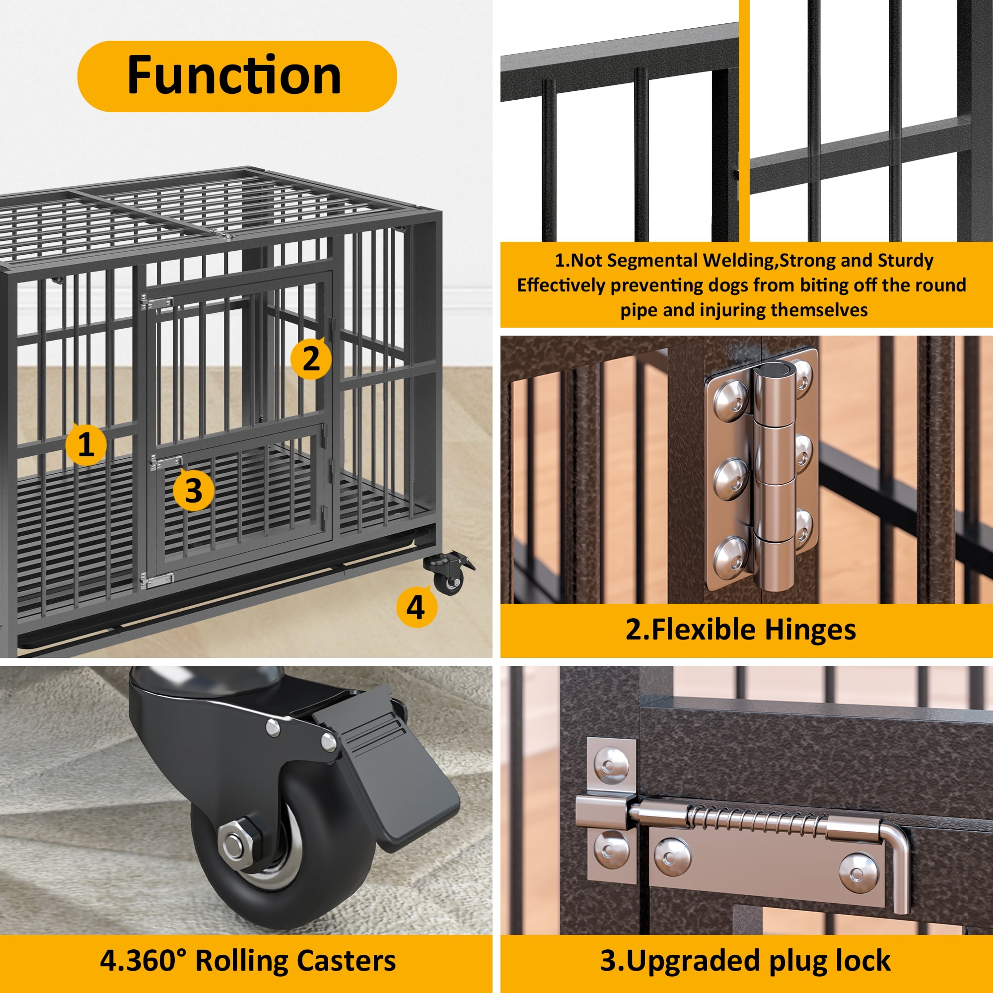 Betisef Heavy Duty Dog Crate, Folding Dog Kennel No Assembly with Lockable Wheels, Double Door Indoor/Outdoor
