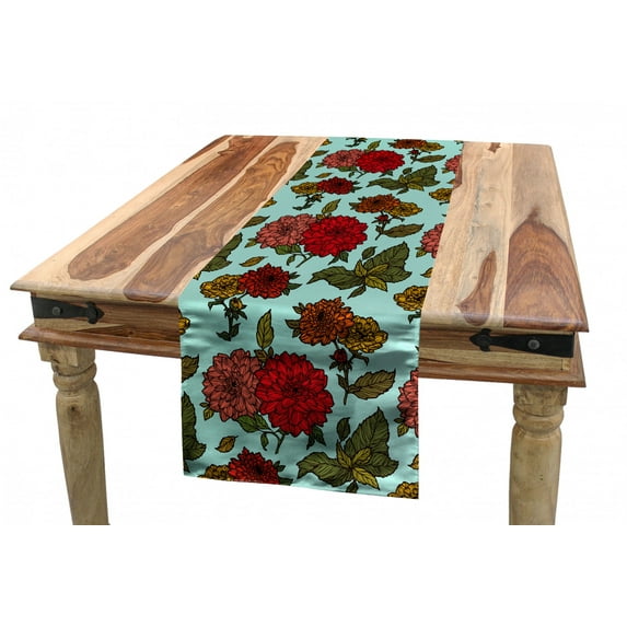 Floral Table Runner, High Detailed Flowers on a Seafoam Background, Dining Room Kitchen Rectangular Runner, 3 Sizes, by Ambesonne