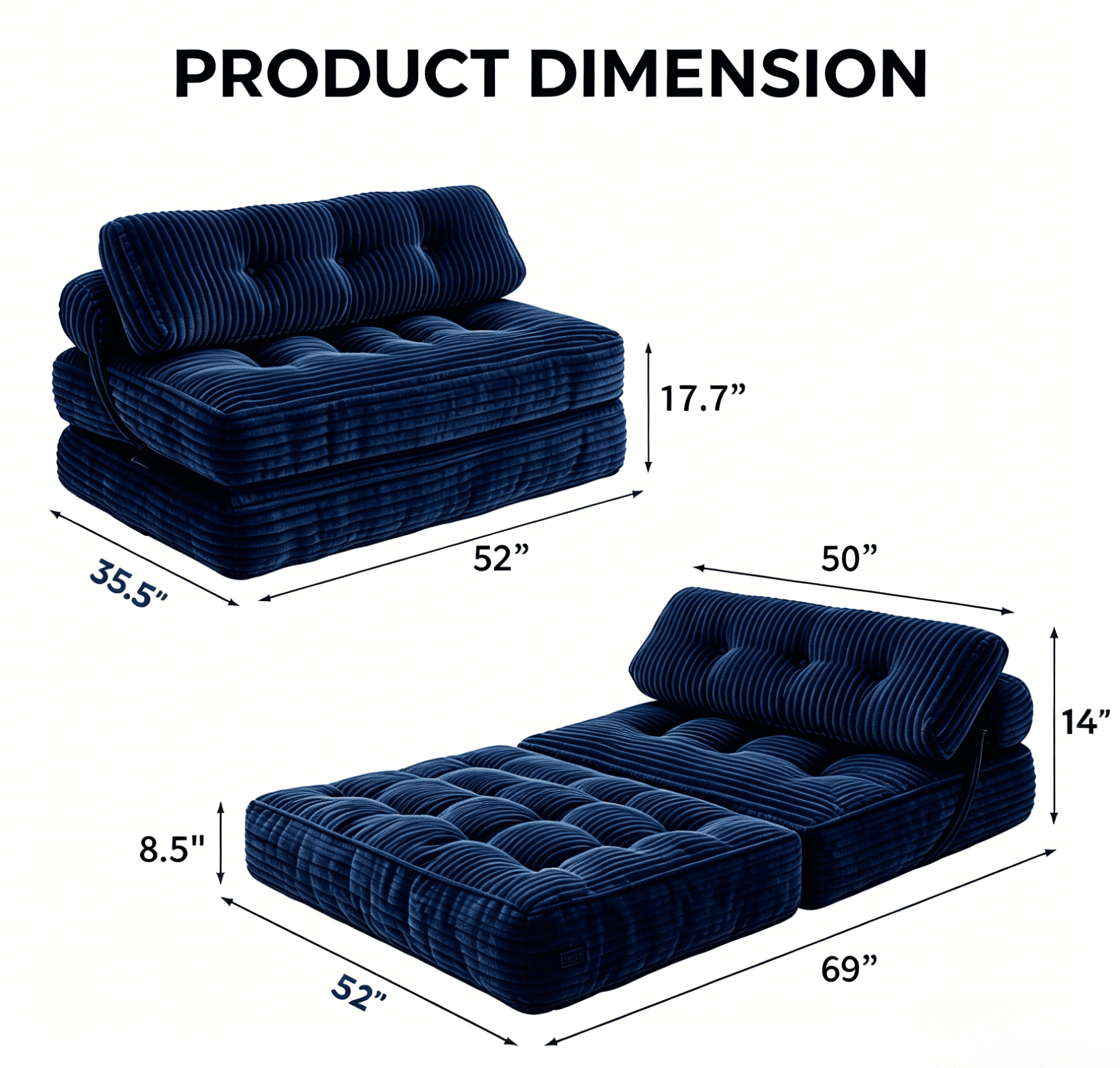 Howcool Corduroy Folding Sofa Bed,3 in 1 Convertible Sleeper Chair with Pillow & Lumbar Pillow,Boneless Floor Sofa Couch Lounge Chair for Living Room Dorm,Navy