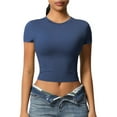 thumbnail image 3 of Htigea Women's Workout Crop Tops Short Sleeve Yoga Shirts Casual Athletic Running T-Shirts Dark Blue,M, 3 of 7