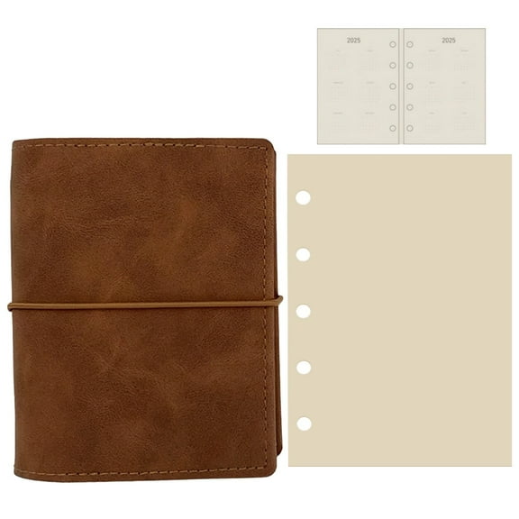 M5 Mocha Leather Travelers Notebook, Sheep Leather Cover, 6-Ring Binder with 2025 Calendar Insert and 50 Sheets Eye-Caring Paper, Compact, Elegant, Perfect for Travel, Journaling, and Planning