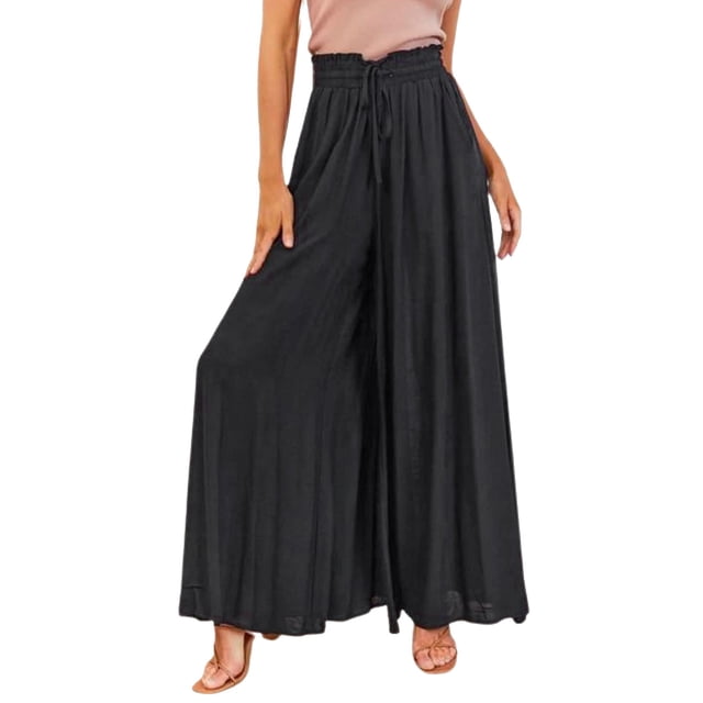 Glisme Womens Pants Wide Leg Pants Flowy Drape Ruffle Drawstring Waist Pants Comfy Trousers Black