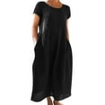 thumbnail image 2 of FINALGANG New Dress For Women Solid Color Short Sleeve O-Neck Cotton Linen Sundress With Pockets Relaxed Fit Activewear, 2 of 5