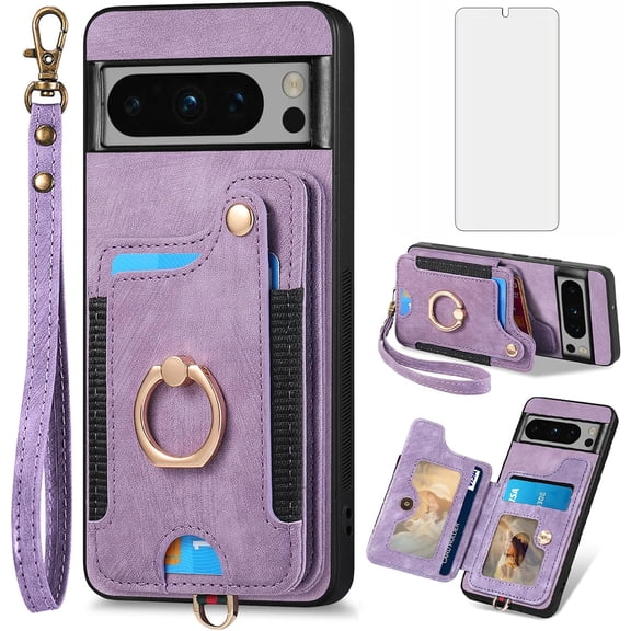 Phone Case for Google Pixel 8 Pro 5G Wallet Cover with Screen Protector Wrist Strap Lanyard RFID Credit Card Holder Ring Stand Cell Accessories Pixel8Pro Pixel8 XL Eight 8Pro Women Men Purple