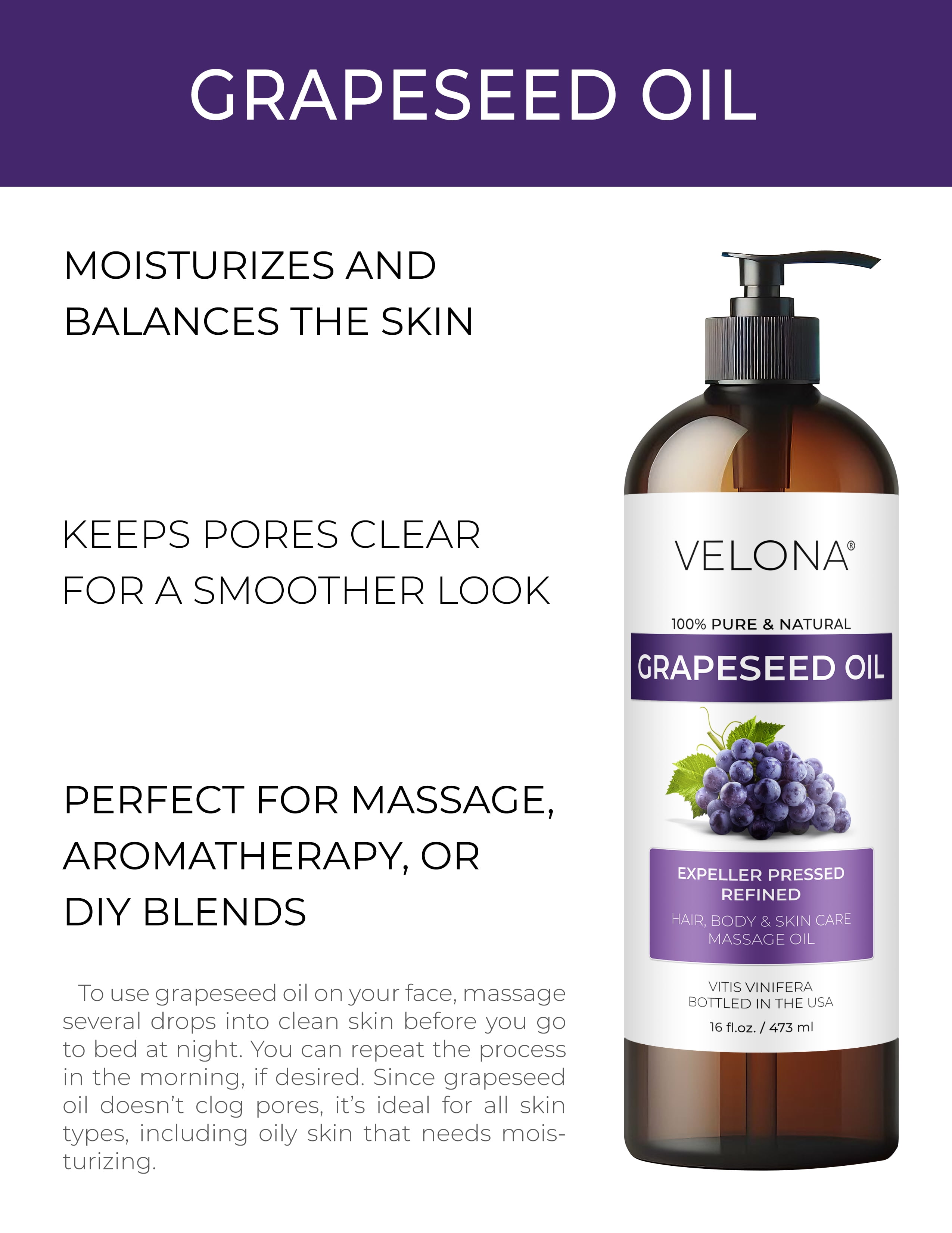 Grapeseed Oil by Velona - 32 fl oz | 100% Pure and Natural Carrier Oil | Refined | Skin, Face, Body, Hair Care | Use Today - Enjoy Results