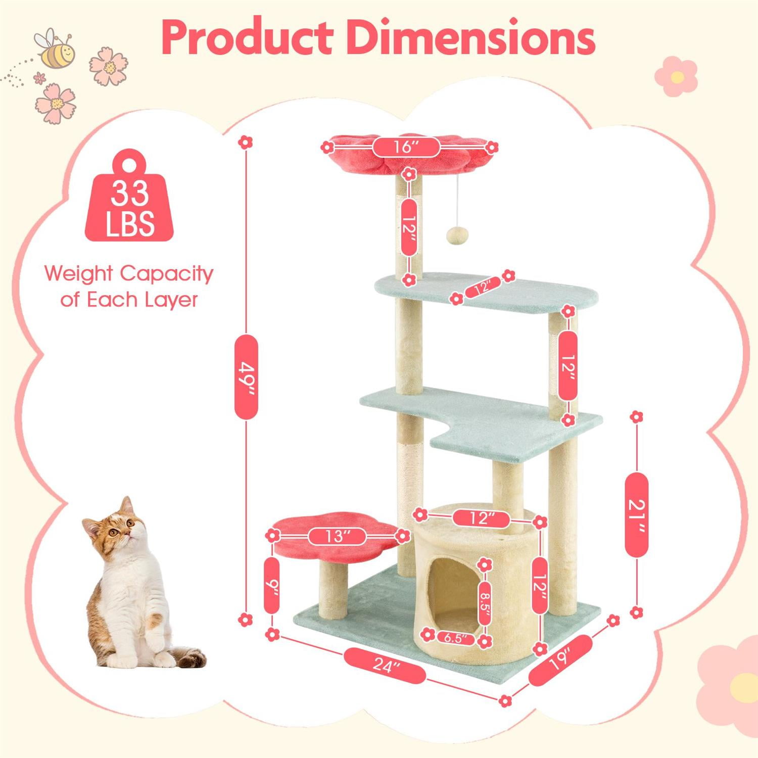 Pefilos 49" Tall Floral Kitten Tower, Flower-shaped Plush Perch, Condo & Sisal Scratching Posts, Blue
