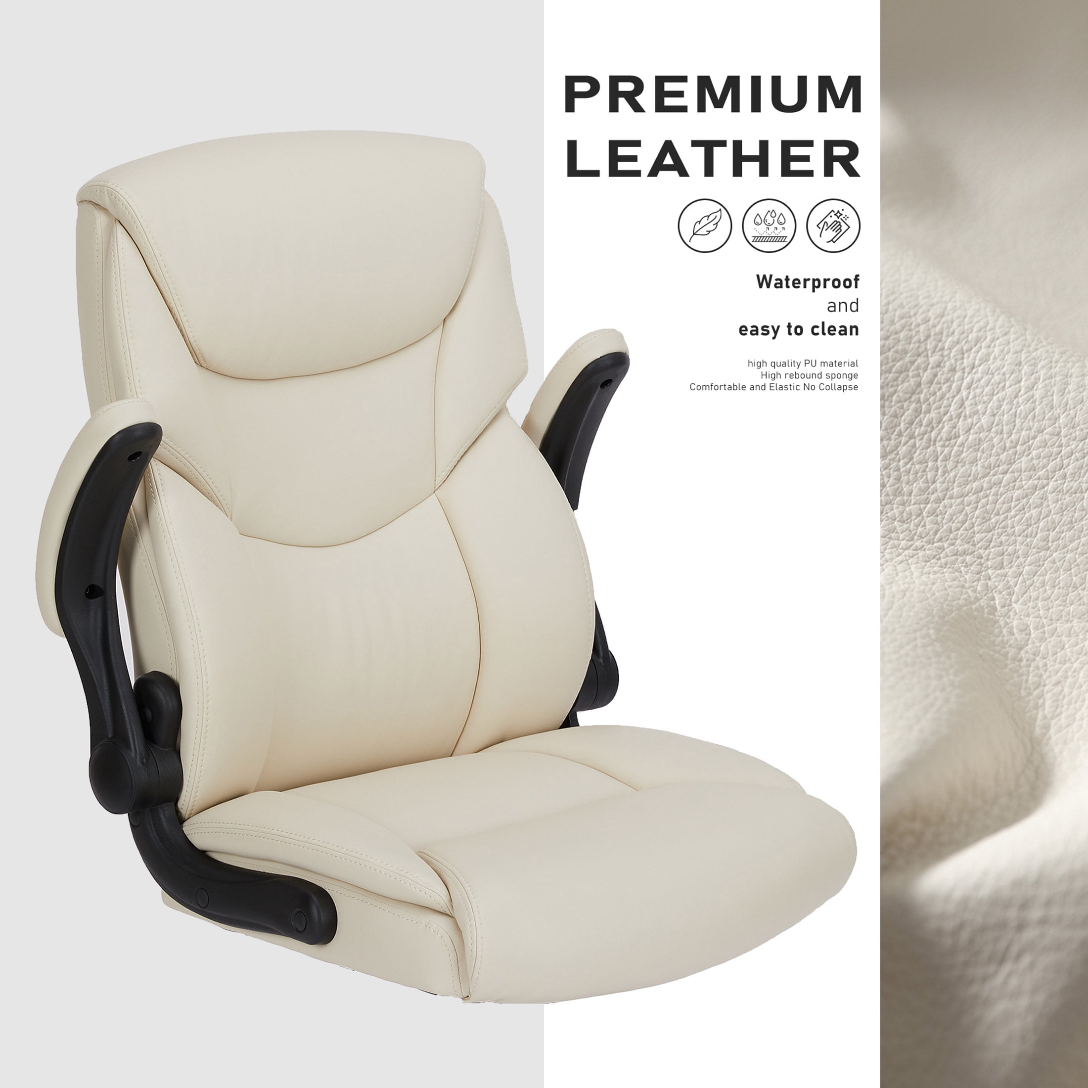 CONCETTA High Back Office Chair,PU Leather Desk Chair with Lumbar Support, Wheels, and Flip-up Armrest, White