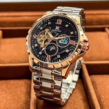 1pc Men's Automatic Tourbillon Watch, Stainless Steel with Starry Sky Dial, Mechanical Wristwatch for Business Casual Wear, Ideal Holiday & Birthday Gift
