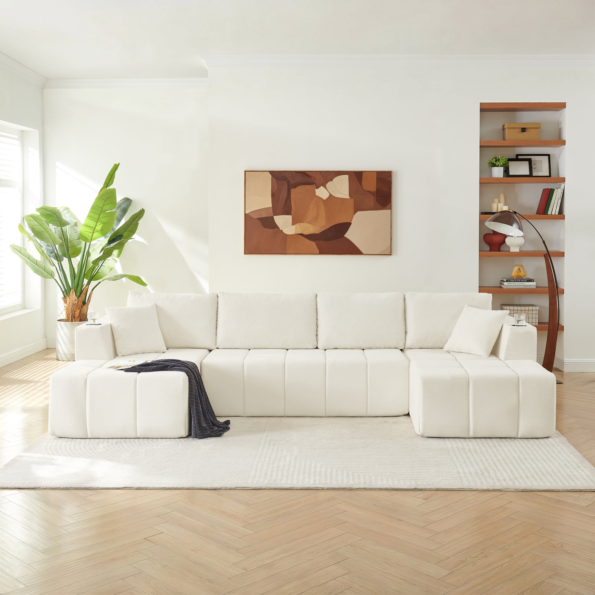 Leumius 132" U-Shaped Chenille Sofa, Cloud Style Boneless Sofa with Lounges, Modern Upholstered Couch with Cup Holders & Side Pockets, Compression Sofa for Living Room, No Assembly Required, Beige
