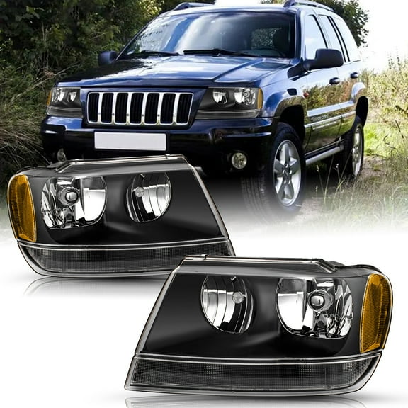 Black Headlights For 1999-2004 Jeep Grand Cherokee Headlamp Pair Front LH RH