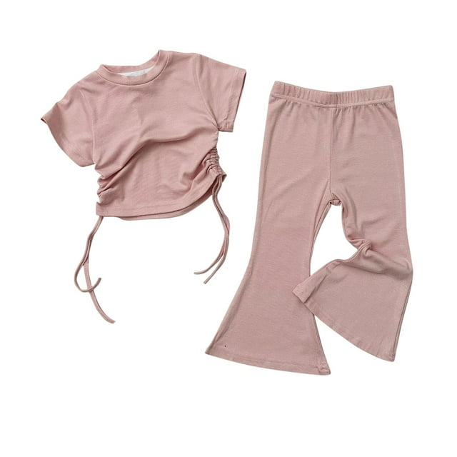 2025 Toddler Girl Summer Outfits Solid Colour Drawstring Short Sleeve Flared Pants Two Set Cute Pants Size 2-8 Years Pink