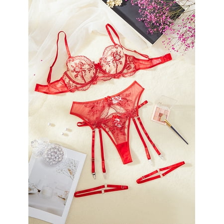SkyAuks Women s Exotic Lingerie Sets  Women s Lingerie  Sexy Sheer Floral Embroidered Lingerie Set for Women  Cute Flower Print Garter Belt Thong Boudoir Outfits  Red(S)