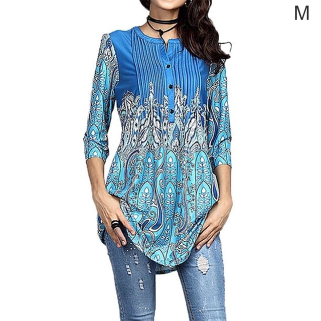 Chemise Femme Bohème Imprimée T-shirt Blouse Décontractée Col Rond Femme Haut Décontracté Blouse, Bleu, m