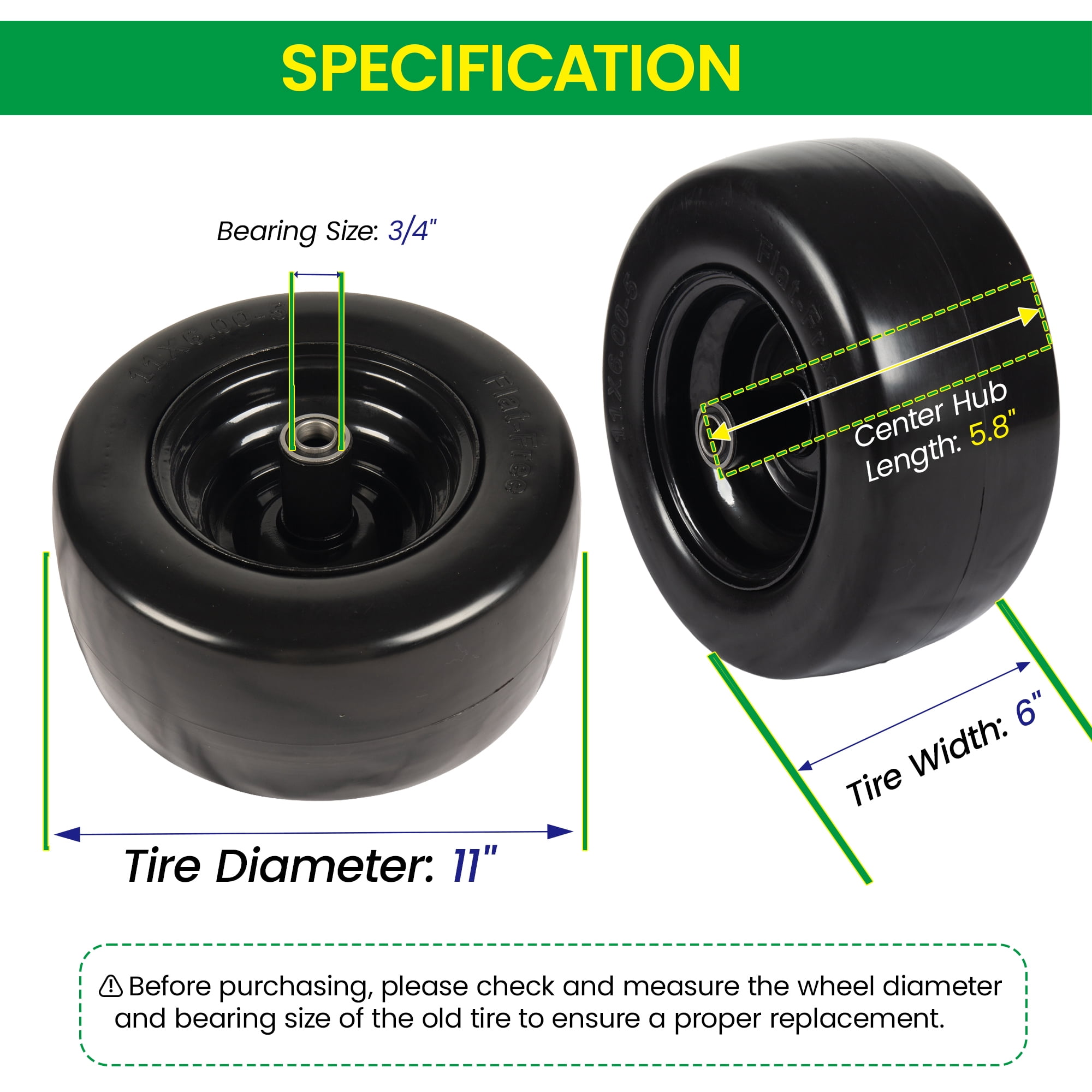Leumius Set of 2 11x6.00-5 Smooth Tire and Wheel, 11x6-5 Solid Rubbe Riding Lawn Mower Tire with Rim, 3/4" Bearing, 5.8" Centered Hub, Smooth Tread Solid Tire for Zero Turn Mowers