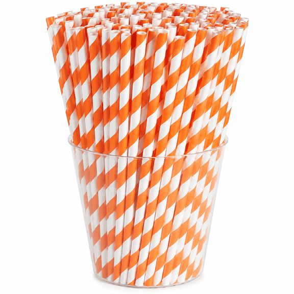 100 Orange and White Striped Paper Straws, Biodegradable Disposable Drinking Straws for Halloween, Bridal Shower, Brithday, New Year, Party Decoration Supplies