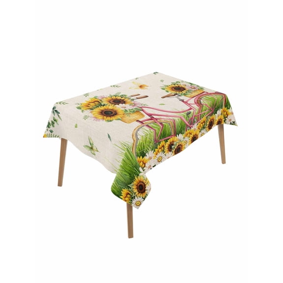 Spring Rectangle Tablecloth, Bicycles Botanical Sunflowers Leaves Butterfly Waterproof & StainResistant Tablecloth, Washable Oil-proof Table Cover for Dining/Party/Wedding/Camping/Buffet 60x84 In