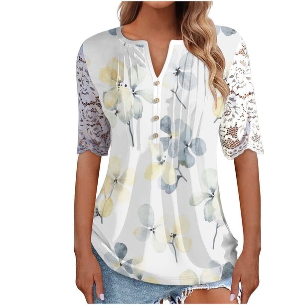 Blusa informal de manga corta con cuello en V y malla de encaje con estampado floral para mujer OAVQHLG3B Store lin121212