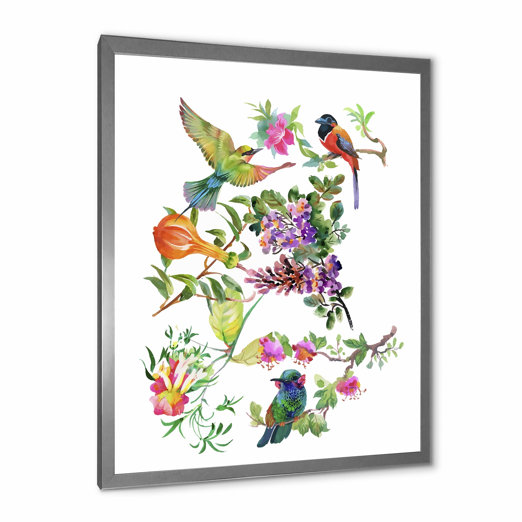 Designart 'Colourful Birds and Tropical Flowers II' Traditional Framed Art Print