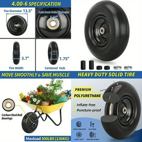 4.00-6" Heavy-Duty Solid Wheelbarrow Tire - Flat-Free with 5/8" or 3/4" Bearings for Garden Carts, Wagons & Scooters - All-Terrain Puncture-Proof
